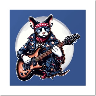 Devon Rex Cat Playing Guitar Posters and Art